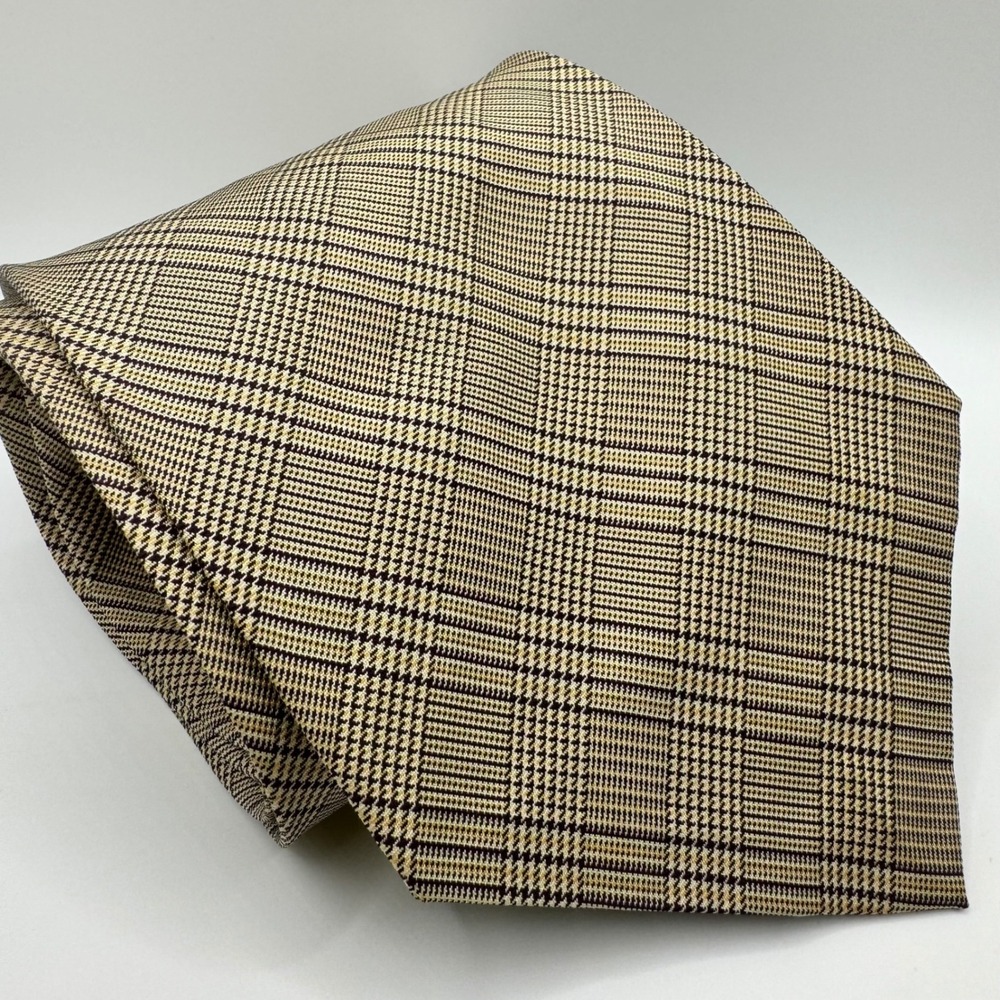 Robert Talbott Parisian Silk Tie Mens Tan Brown Glen Plaid Hand Sewn USA Necktie